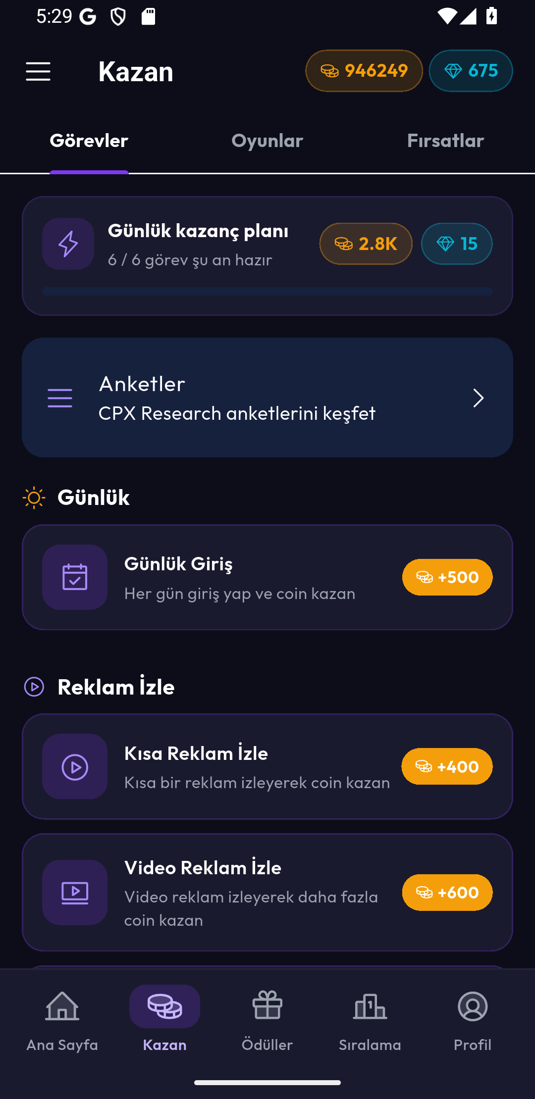 EasyGain geliştirme sürümünde görevler ve anket girişi